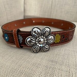 NOCONA Western Style Tooled Girl's Belt Flower Buckle Rhinestones Flowers Rodeo
